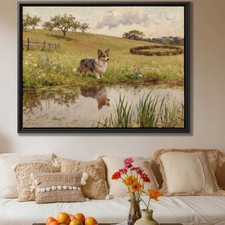 Corgi Oil Painting Dog Art Print Canvas Wall Decor Rural Landscape Artwork