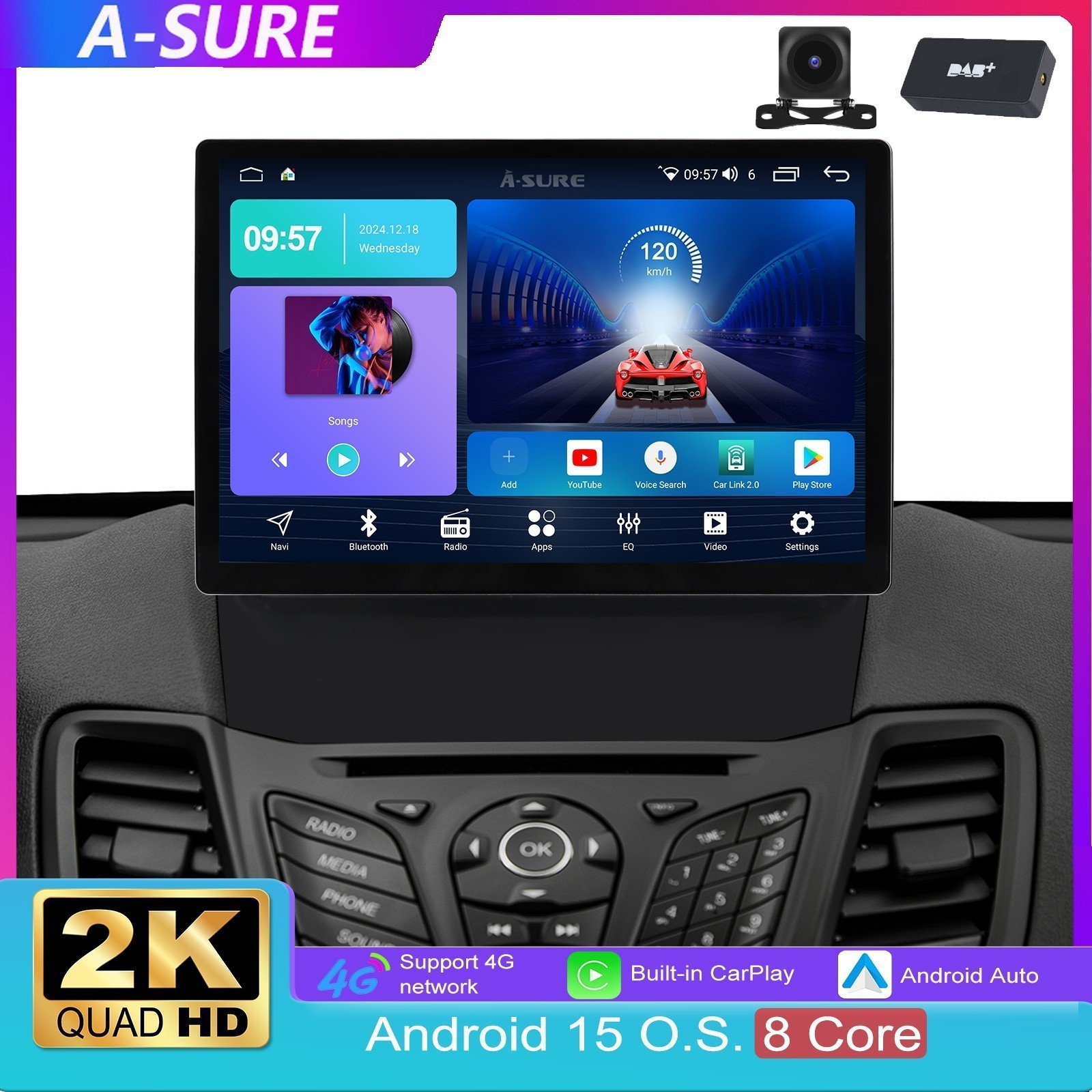 DAB+ 13.1" Android 15 2K 64G CarPlay Radio Coche GPS Para Ford Fiesta VI 2009-2014