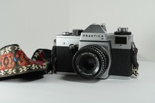Pentacon Praktica lb 35mm camera with case, 2 lenses, 2x adapter, and flash
