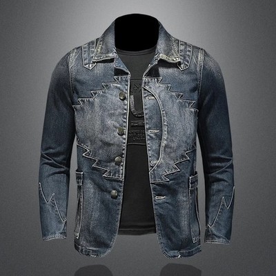 Men's Slim Fit Fashion Denim Blazer Retro Zig-Zag Stitched Jean Jacket Coat