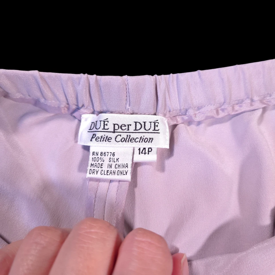 Pantalones de seda Due Per Due en lila botón cremallera cierre cordón mujer talla 14P Foto 3 de 4