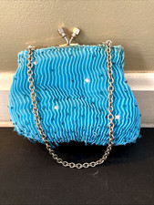 Vntg Jessica McClintock 5"x4" Blue Silver Bead Snap Closure Wristlet Purse A2