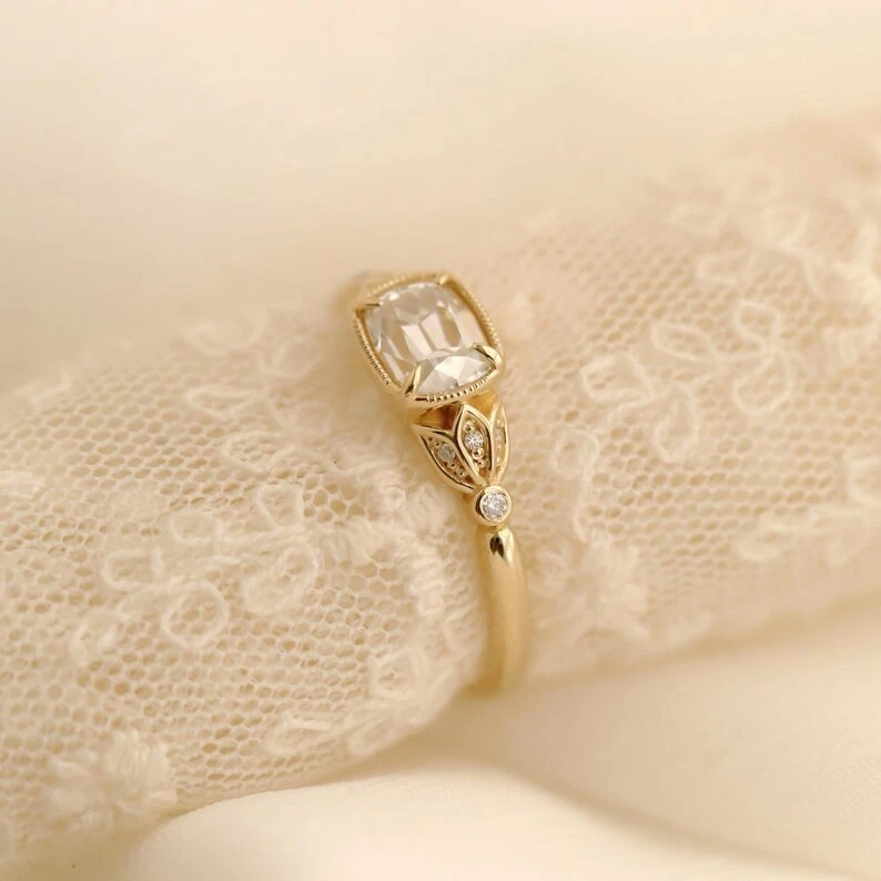 Tulip Vintage 1.20 TCW Cushion Cut Moissanite Wedding Ring 14k Yellow Gol Plated - Image 4 of 4