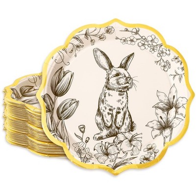 30Pcs Easter Paper Plate Bunny Scalloped Paper Plates Gold Foil Floral Disposabl