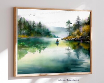 Misty Lake Painting Print, Solo Canoeist on a Peaceful Foggy Lake, Canoe Kayak