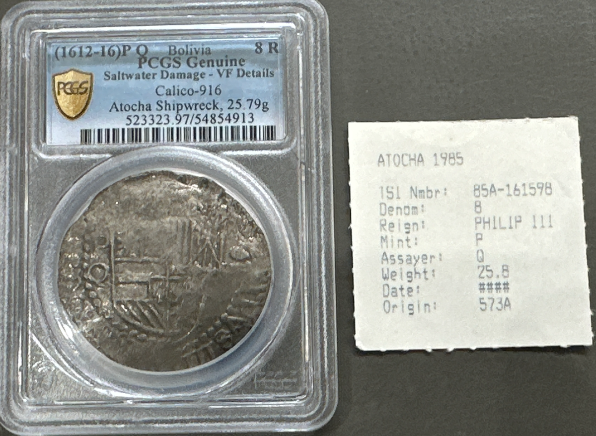 ATOCHA 1622 MEL FISHER Flip & Data Base Shipwreck PCGS Grade 1