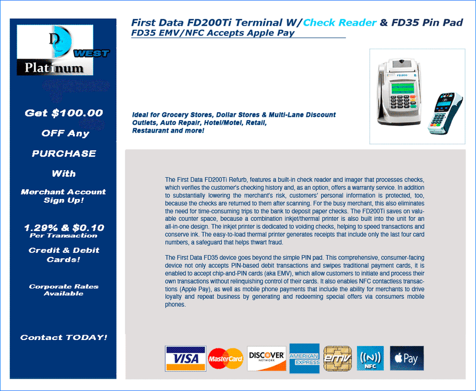 First Data FD200 IP/DIAL Dual Comm Terminal W/CHECK READER FD35 EMV/NFC