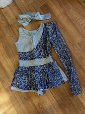 ART STONE DANCE COSTUME SILVER AND BLUE BODY SUIT WITH HEADBAND CHILD LARGE