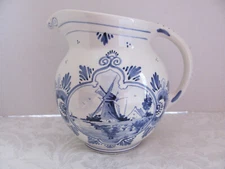 M De Wit Delft Holland Ceramic Hand Painted -Blue & White-Windmill- 7" Pitcher