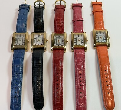 Set Of 5 Leather band watches w mother of pearl face Gold Tone Need Batteries