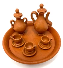 Vintage Miniature Red Clay Tea Set, Teapot, Tea Cups & Saucers, Playhouse