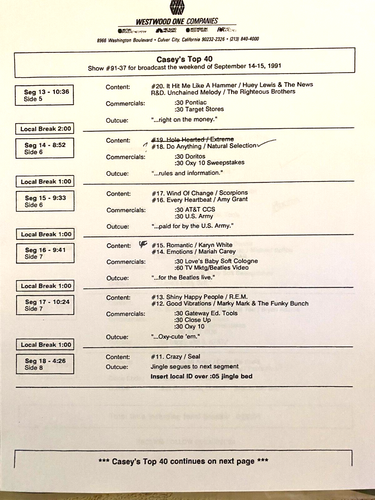 9/14/91 CASEY'S TOP 40; HUEY LEWIS, SCORPIONS, SEAL, SHERIFF, LUTHER VANDROSS - Picture 3 of 4