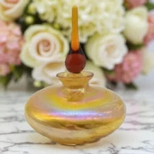 Iridescent Art Glass Perfume Bottle w/ Glass Stopper Gold Vortex 5.5" Vintage