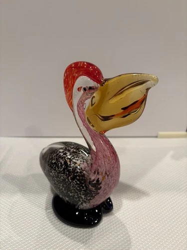 VTG Murano Art Hand Blown Glass Pelican Figurine With Fish in the Mouth
