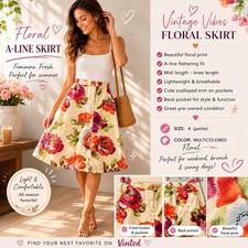 Vintage-Style A-Line Midi Floral Skirt with Scalloped Pockets