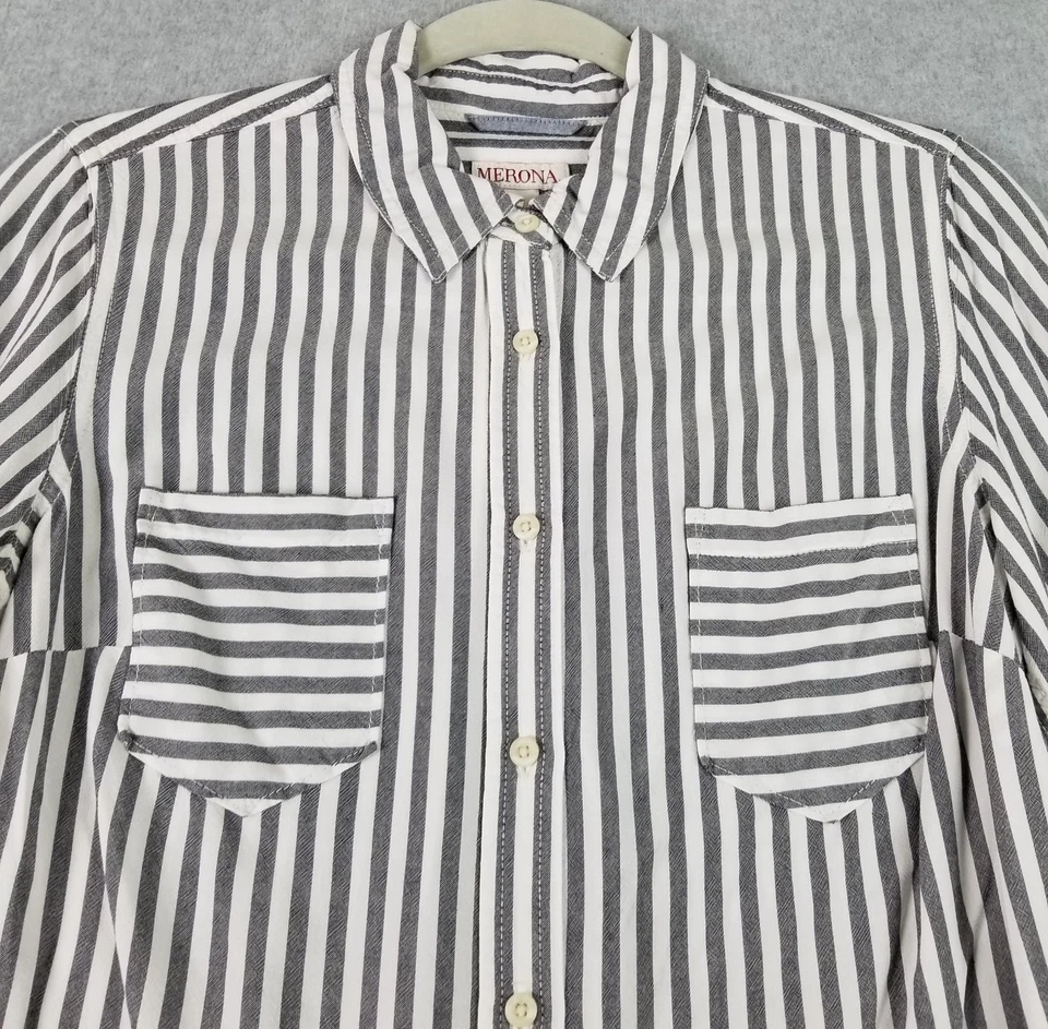 MERONA Button Up Shirt Women’s Small Blue White Striped Long Sleeve Tunic Casual - Image 2 of 4