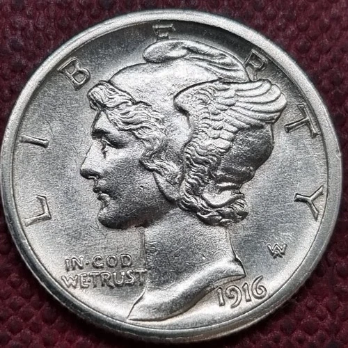 1916 S Mercury Dime 10c UNC Uncirculated Full Bands #100178