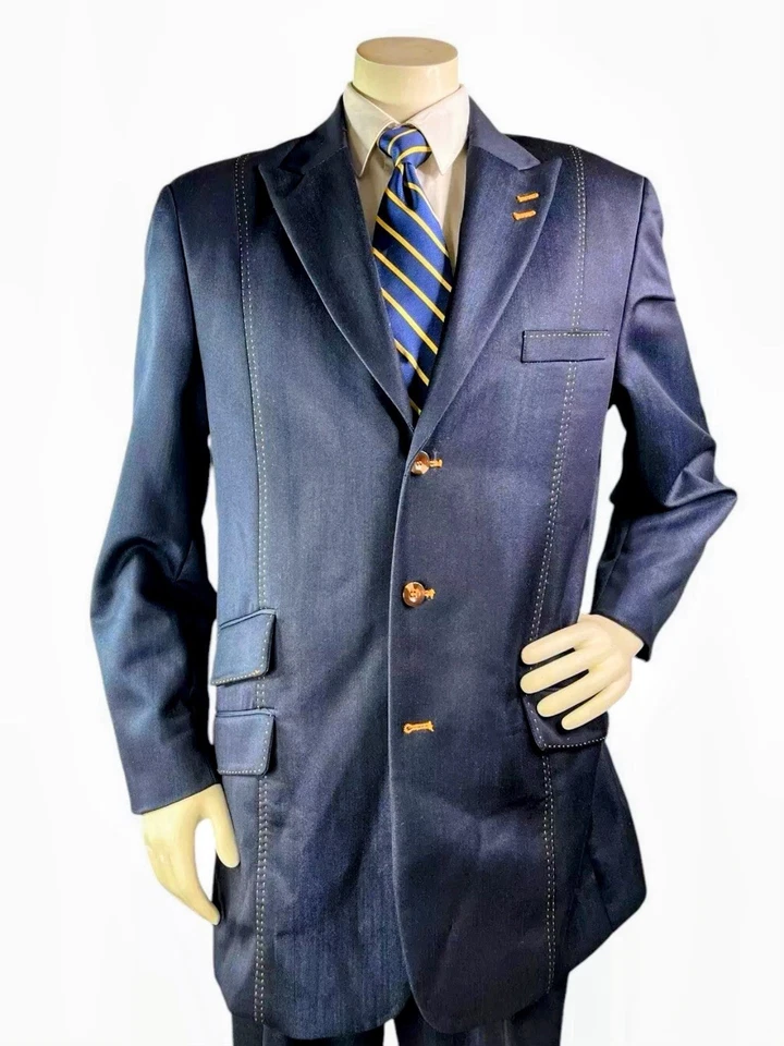 Chaqueta de traje para hombre FALCONE 42R pantalones 34x30 Suerlative 150s acento a rayas doradas nueva sin etiquetas Foto 3 de 4