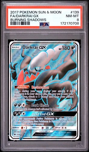 2017 POKEMON SUN & MOON BURNING SHADOWS #139 FULL ART/DARKRAI GX PSA 8