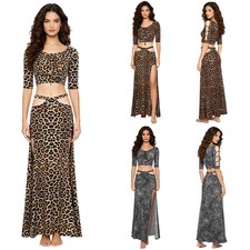 Women Belly Dance Crop  top 2  Piece Flared Leopard Stretch Crop Top Skirt Set