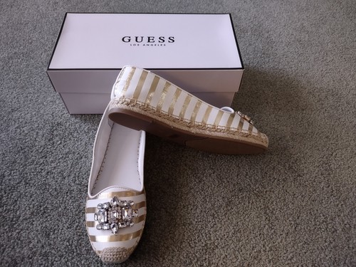 Misses GUESS White, Gold Stripe Espadrille Flats, Lg. Crystals, Textile, 8M, New