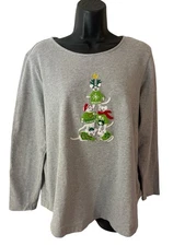 Coldwater Creek Tee P/L Gray Slub Knit Appliquéd Mice Christmas Tree Festive Fun