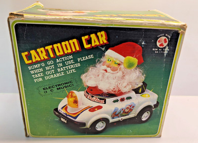 Vintage 1985 Santa Cartoon Car with Lights, Sound & Bump n Go Action. & Box