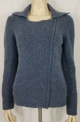Hessnatur blue thick 100% Wool diagonal full zip cardigan sweater ladies 6 / 8