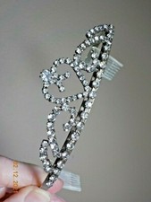 RHINESTONE STUDDED TIARA W/COMBS 4" WIDE DECOR 1 1/8" TALL SILVERTONE METAL