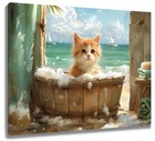 Funny Orange Cat Coastal Ocean Beach Canvas Wall Art for Bathroom Living Room