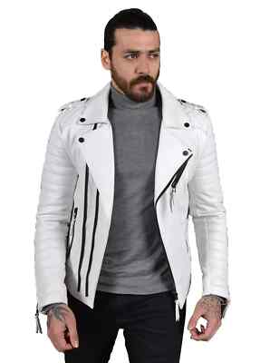 BOMBER BIKER New Men's White Leather Jacket 100% Real Lambskin Slim Fit Jacket