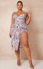 PrettyLittleThing Plus Size Zebra Print Cowl Ruched Side Midi Dress NWT Size 22