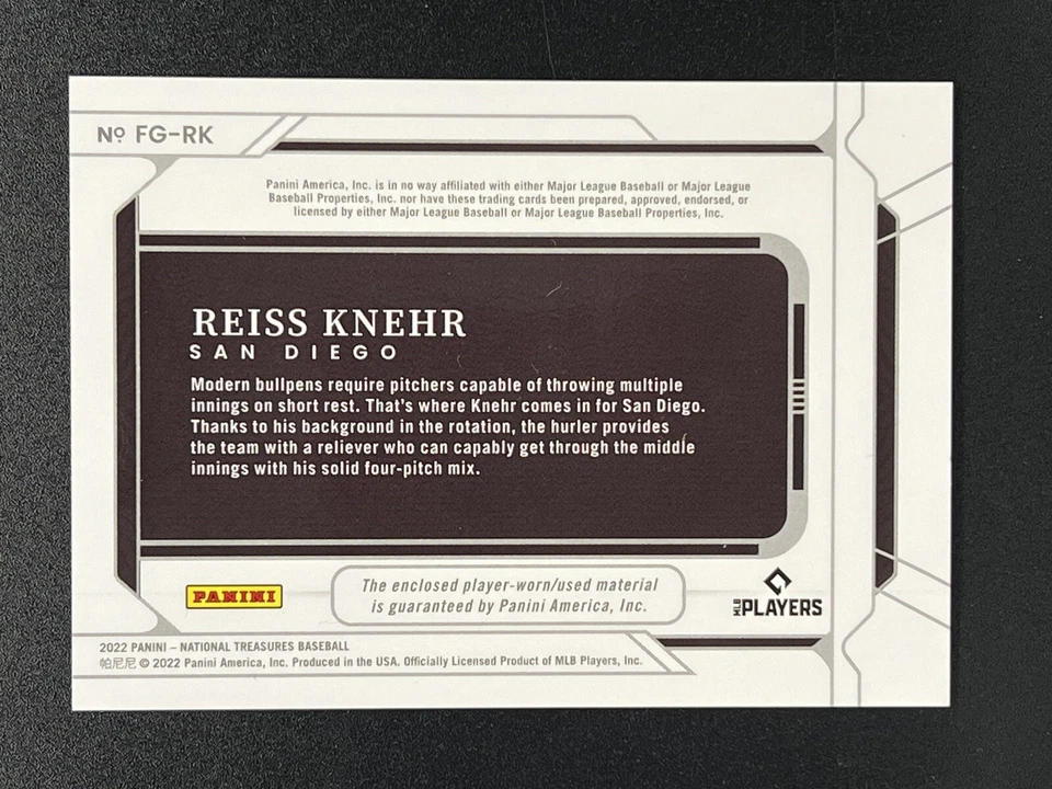 2022 National Treasures Field Gear #6 Reiss Knehr Jersey /99 Rookie RC Padres - Image 2 of 2