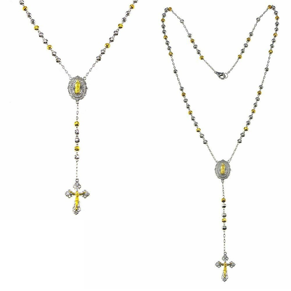 Sterling Silver Two Tone Crucifix Cross Beaded Rosary Necklace