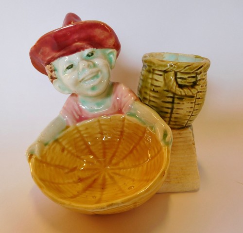 Antique Majolica Figural Match Striker, #7285 Blue Impish Boy with Baskets