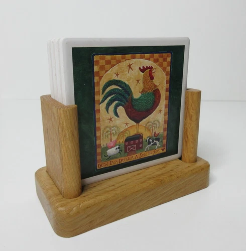 Absorbant Stone 4 Coaster Set Roosters with Oak Wood Holder