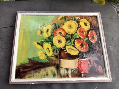 Original Naives Ölgemälde Blumen auf Karton - signiert BOB GARNETT 38cm x 31cm
