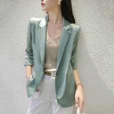 Women Satin Blazer Suit Jacket Shiny Striped Dress Coat 3/4Sleeve Office Elegant
