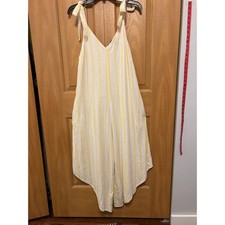 MSK Yellow Striped Linen Blend Tie Strap Jumpsuit Wide Leg Bohemian Size L