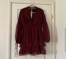 ASOS DESIGN Jacquard Chiffon High Neck Mini Dress with Pintuck Sleeve Maroon 8