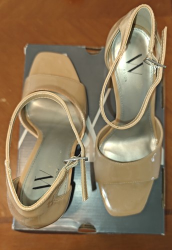 Worthington Bowers Chunky Heels 7.5 Open Toe Mary Janes Patent Leather Camel - Picture 3 of 5