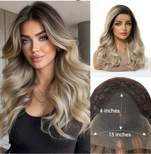 Long Wavy Rooted Blonde Brown Mix Lace Front Synthetic Hair Heat Ok Wigs