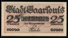 Notgeld Saarlouis 1920, 25 Pfennig, Schriftzug und Zierteile, Unterschrift des