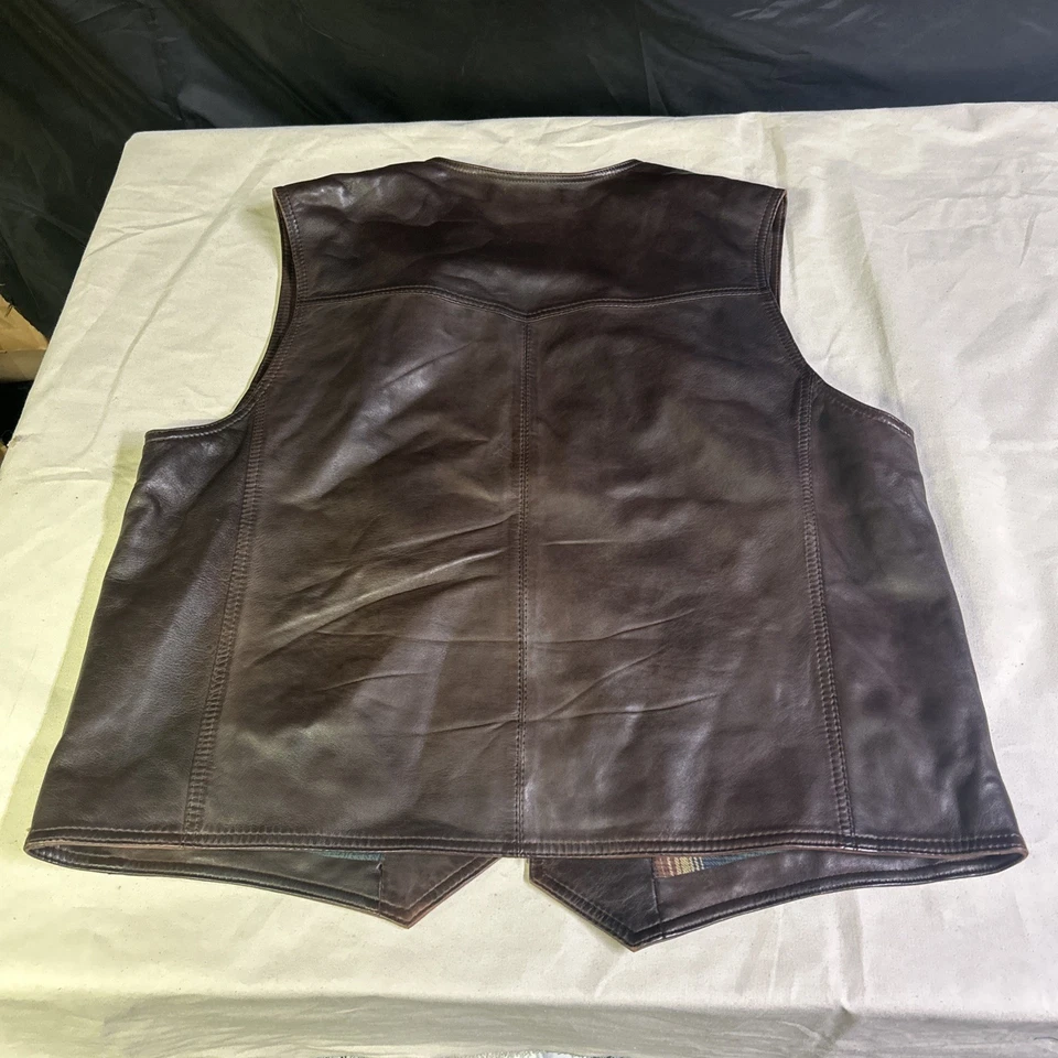 Chaleco de Cuero Orvis Para Hombres M Marrón Western Ranch Chaleco 4 Botones Forro a Cuadros Foto 2 de 4