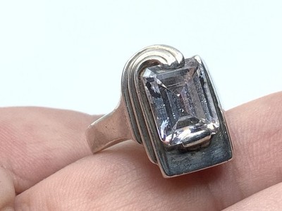Vintage European Style Sterling Silver Modernist Rock Crystal Ring ~ Sz. 5.25