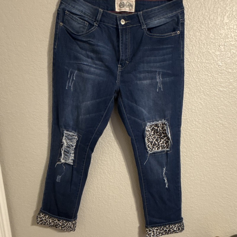 L&B Women’s Blue Distressed Skinny Jeans Leopard Cuff Mid Rise Denim