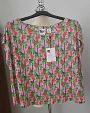 NWT BOUFFANTS & BROKEN HEARTS 100% LINEN  TEE SS  MULTI  FLAMINGO PALM TREE Sz M