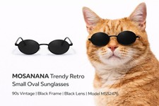 Mosanana Trendy Retro Small Oval Sunglasses Black Frame Black Lens MS52476