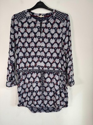 White Stuff Tunika Bluse 12 blau Herz Print Langarm Boho Freizeit Taille Bindeband