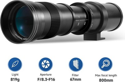 JINTU 420-800mm f/8.3-16 Manual Focus Telephoto Zoom Lens w. Canon R adapter Bla